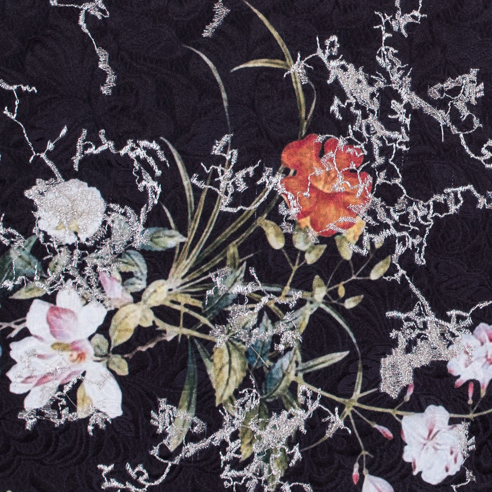 Floral Digitally Printed Butterfly Jacquard with Silver Metallic Embroidery Floral Digitally Printed Butterfly Jacquard with Silver Metallic Embroidery