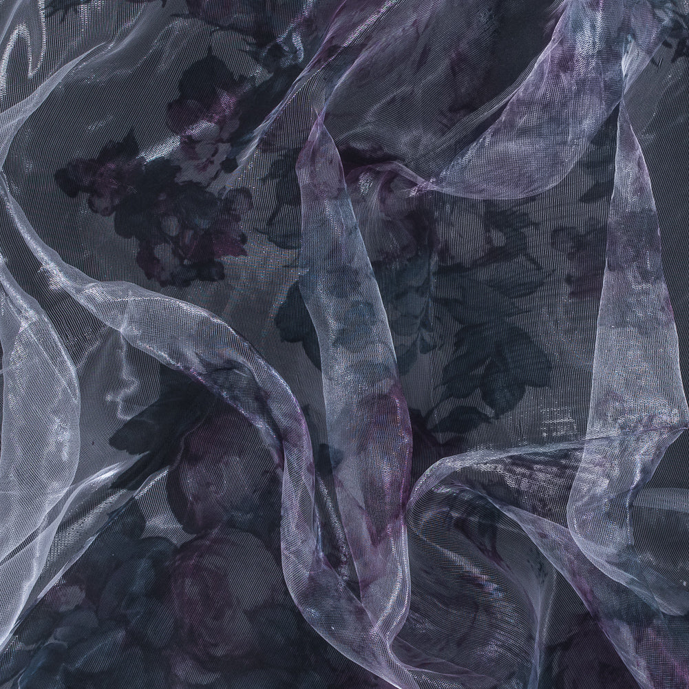 Purple and Silver Floral Printed 3D Organza Purple and Silver Floral Printed 3D Organza