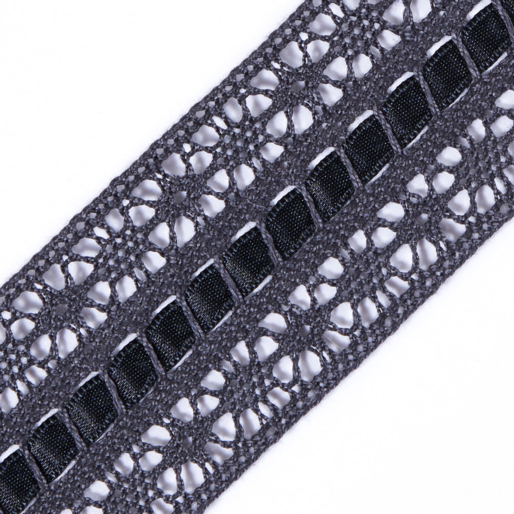 Gray Crochet Trim with Ribbon Detail- 2 - Detail Gray Crochet Trim with Ribbon Detail- 2 - Detail