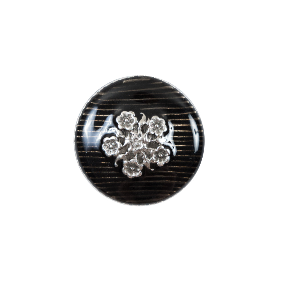 Italian Translucent Black and Silver Floral Metal Button - 32L/20mm Italian Translucent Black and Silver Floral Metal Button - 32L/20mm