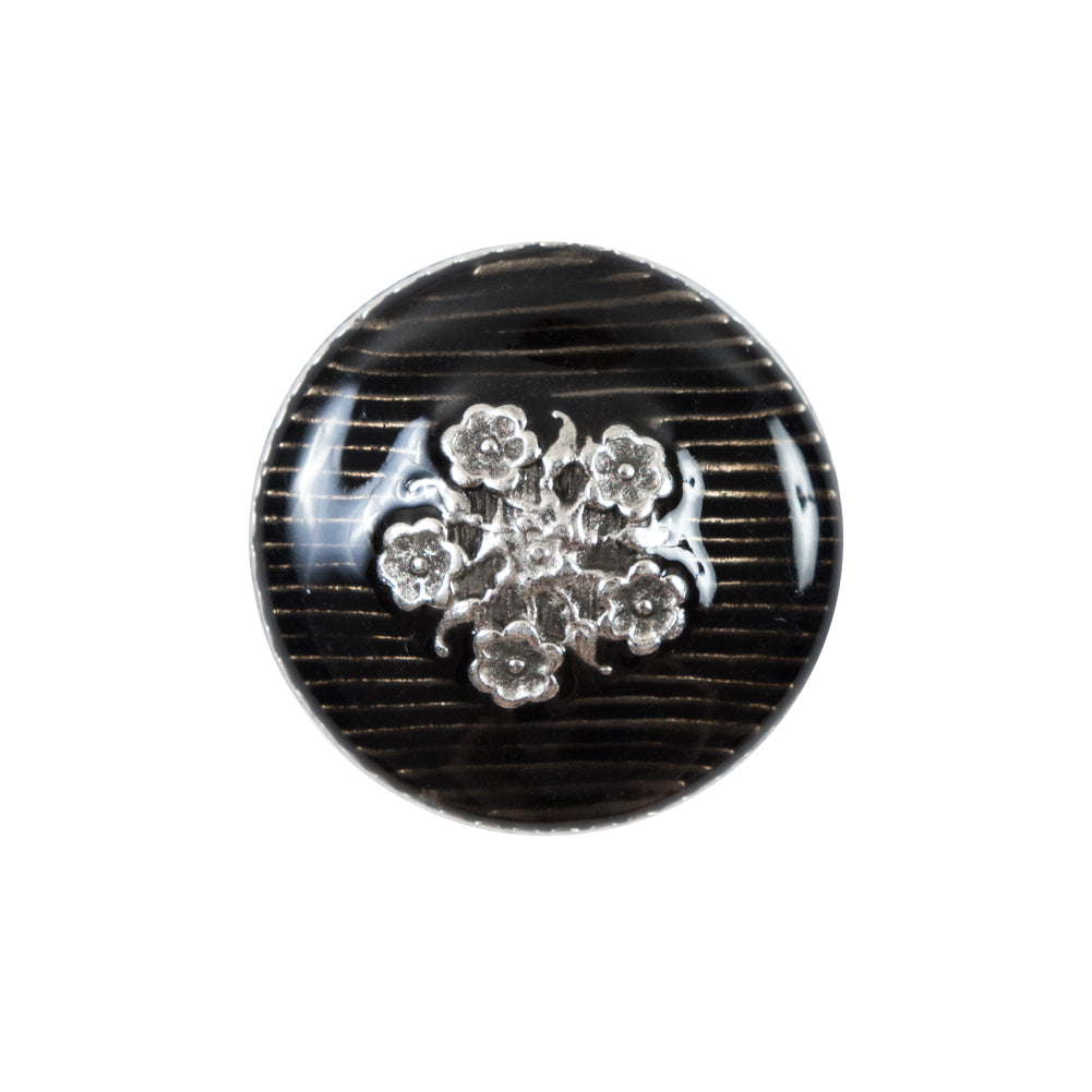 Italian Translucent Black and Silver Floral Metal Button - 36L/23mm Italian Translucent Black and Silver Floral Metal Button - 36L/23mm