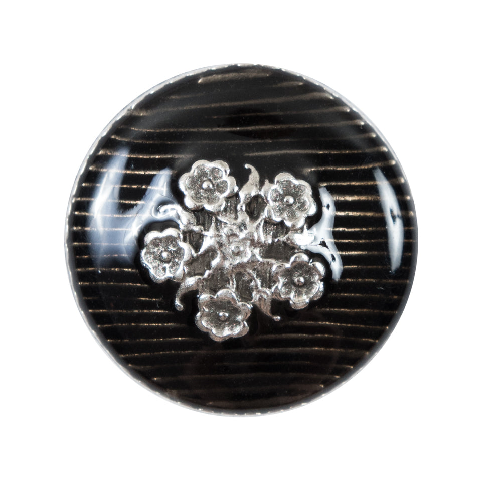 Italian Translucent Black and Silver Floral Metal Button - 44L/28mm Italian Translucent Black and Silver Floral Metal Button - 44L/28mm