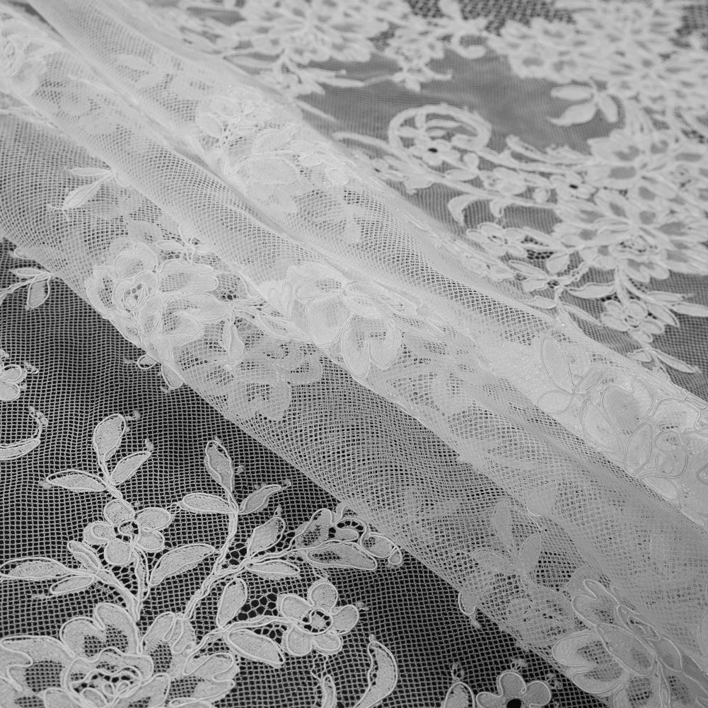 White Floral Fancy Corded Lace with Scalloped Eyelash Edges - Detail White Floral Fancy Corded Lace with Scalloped Eyelash Edges - Detail
