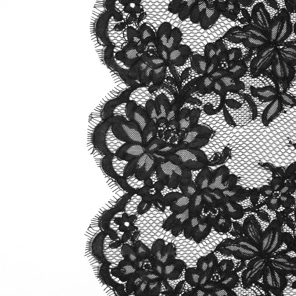 Black Floral Fancy Corded Lace with Scalloped Eyelash Edges Black Floral Fancy Corded Lace with Scalloped Eyelash Edges