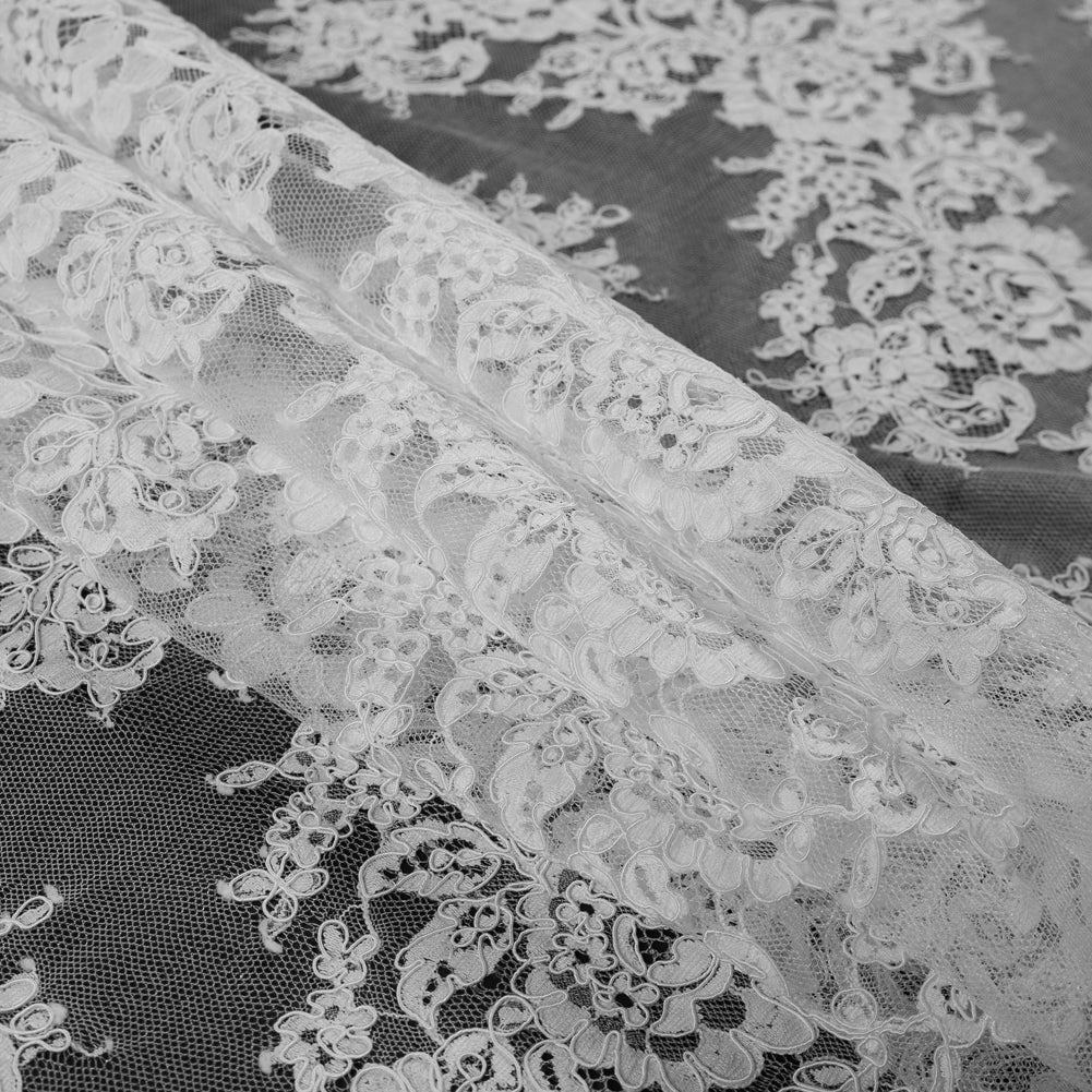 Off-White Floral Fancy Corded Lace with Scalloped Eyelash Edges - Detail Off-White Floral Fancy Corded Lace with Scalloped Eyelash Edges - Detail