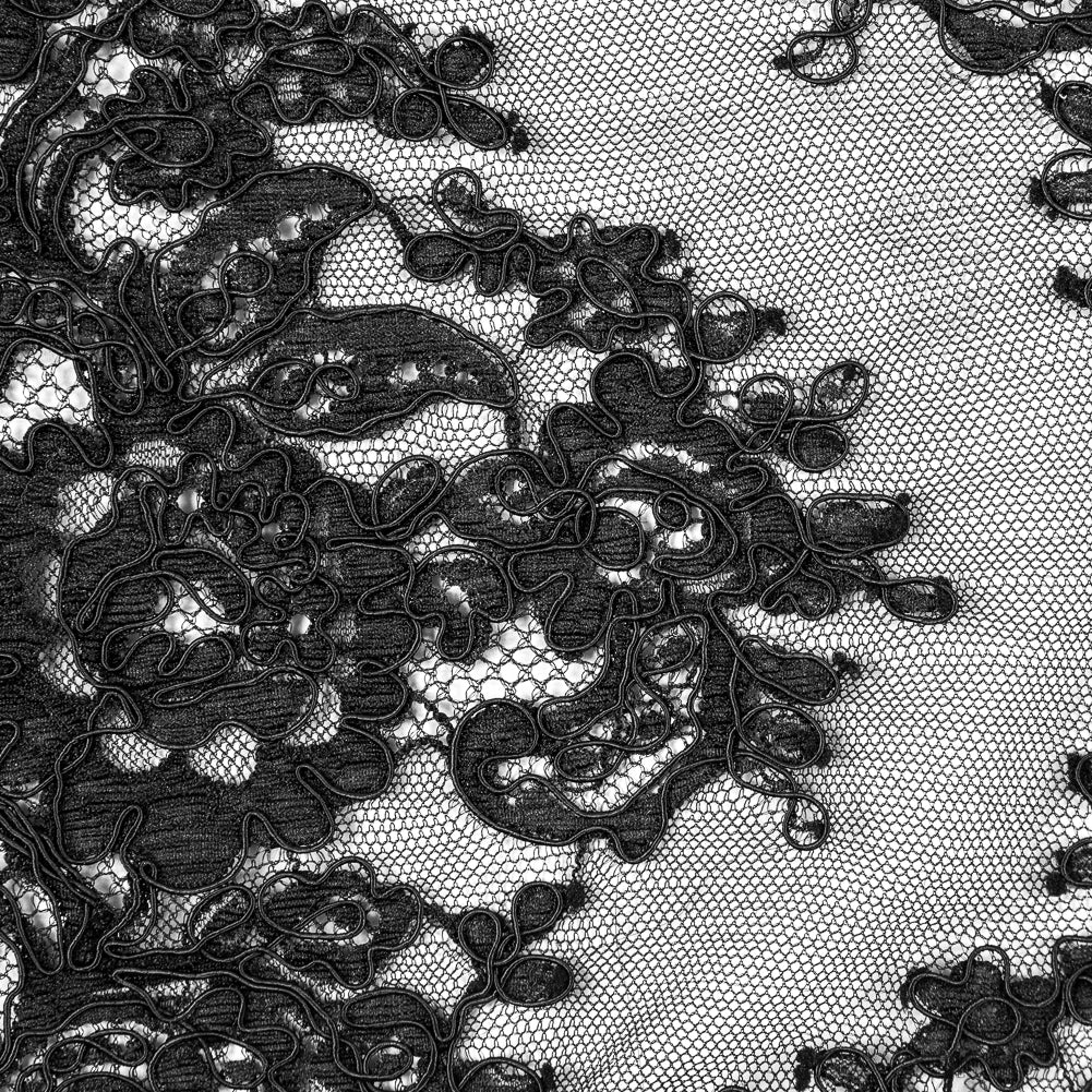 Fancy Corded Lace with Scalloped Eyelash Edges - Black Floral Chevrons Full Fancy Corded Lace with Scalloped Eyelash Edges - Black Floral Chevrons Full