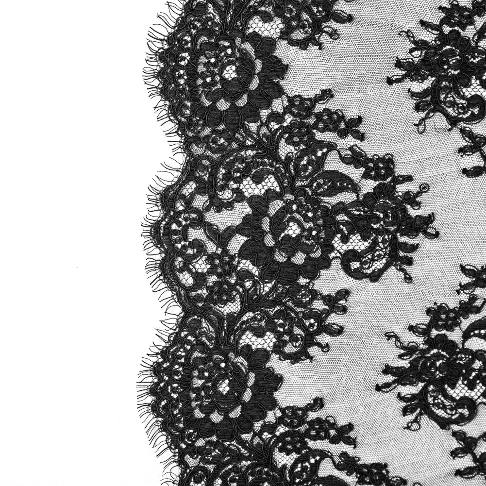 Fancy Corded Lace with Scalloped Eyelash Edges - Black Floral Chevrons Fancy Corded Lace with Scalloped Eyelash Edges - Black Floral Chevrons