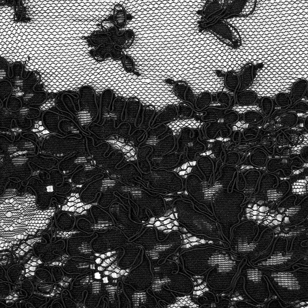 Fancy Corded Lace with Scalloped Eyelash Edges - Black Floral Twists Fancy Corded Lace with Scalloped Eyelash Edges - Black Floral Twists