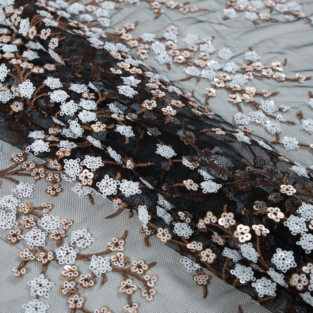 Stretch Net with Sequins - White and Copper Fancy Floral Clusters on Black Folded Stretch Net with Sequins - White and Copper Fancy Floral Clusters on Black Folded