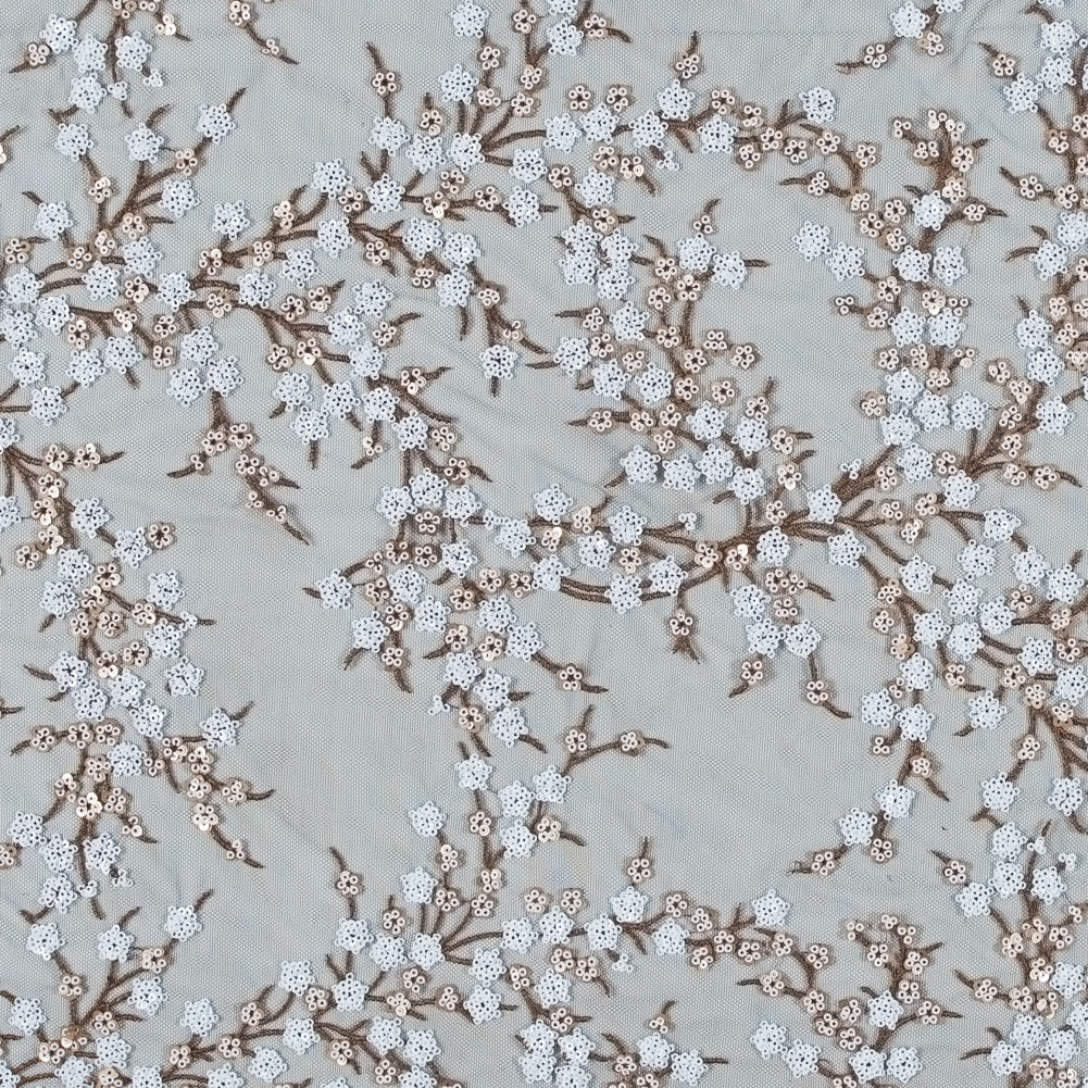 Stretch Net with Sequins - White and Copper Fancy Floral Clusters on Black Stretch Net with Sequins - White and Copper Fancy Floral Clusters on Black