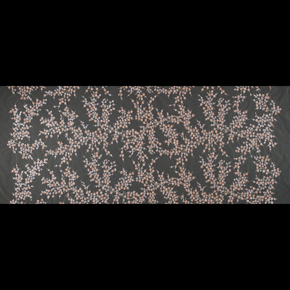 Salmon and Silver Fancy Floral Sequined Fabric on a Nude Stretch Netting - Folded Salmon and Silver Fancy Floral Sequined Fabric on a Nude Stretch Netting - Folded