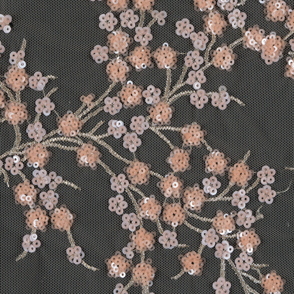 Salmon and Silver Fancy Floral Sequined Fabric on a Nude Stretch Netting - Full Salmon and Silver Fancy Floral Sequined Fabric on a Nude Stretch Netting - Full