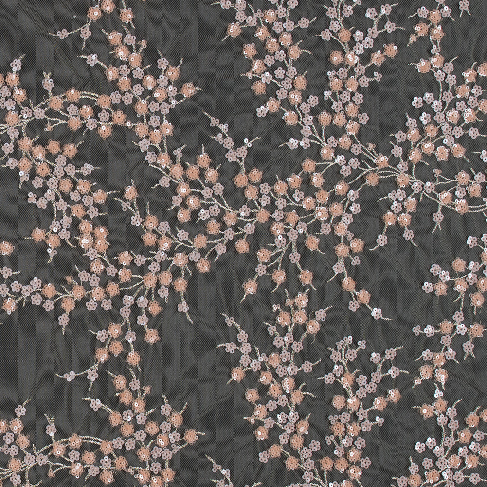 Salmon and Silver Fancy Floral Sequined Fabric on a Nude Stretch Netting Salmon and Silver Fancy Floral Sequined Fabric on a Nude Stretch Netting