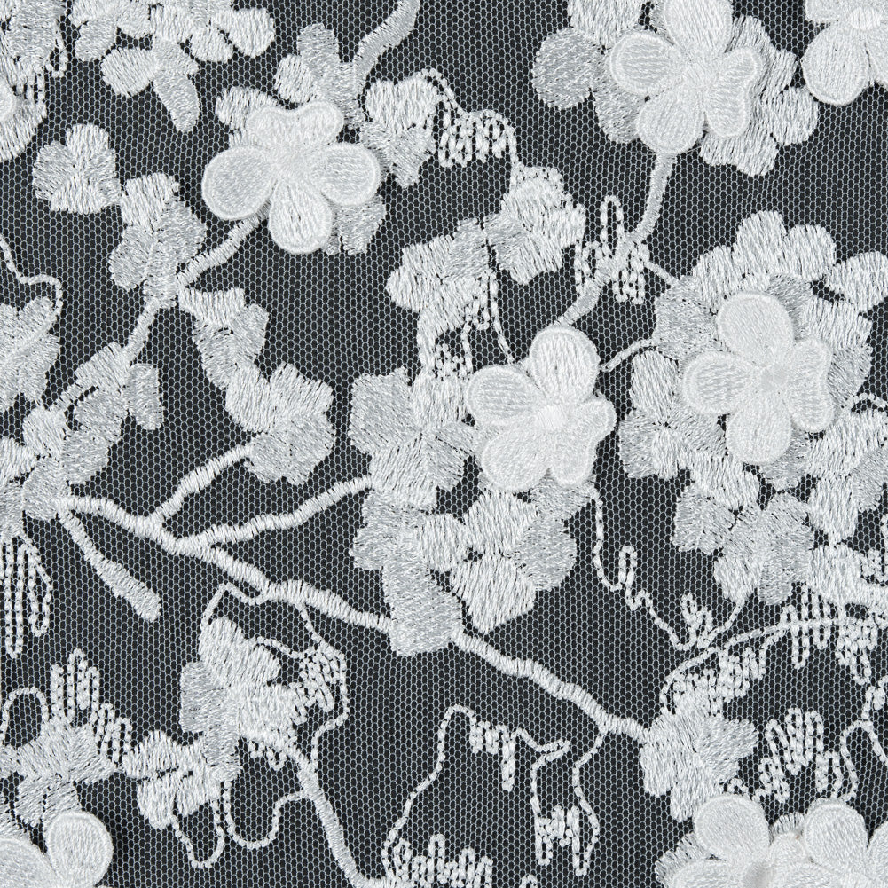 Off-White 3D Floral Embroidered Lace on a Stretch Netting - Full Off-White 3D Floral Embroidered Lace on a Stretch Netting - Full