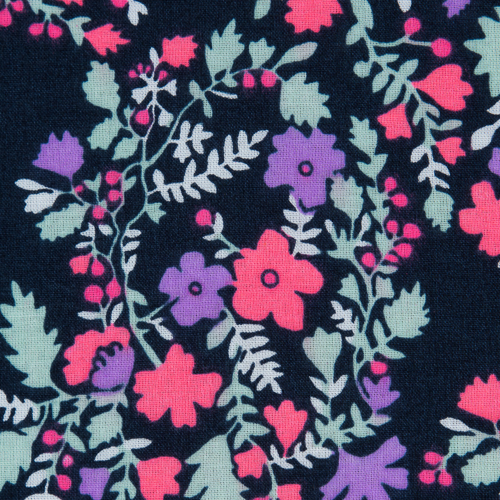 Cotton Voile Print - Hot Pink, Pale Aqua and Black Iris Floral Detail