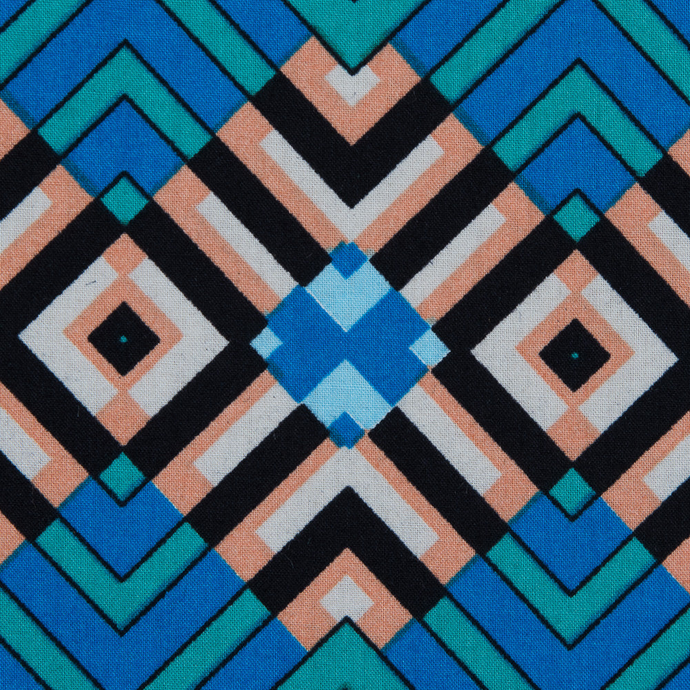 Campanula Blue and Shell Coral Geometric Cotton Poplin - Full Campanula Blue and Shell Coral Geometric Cotton Poplin - Full
