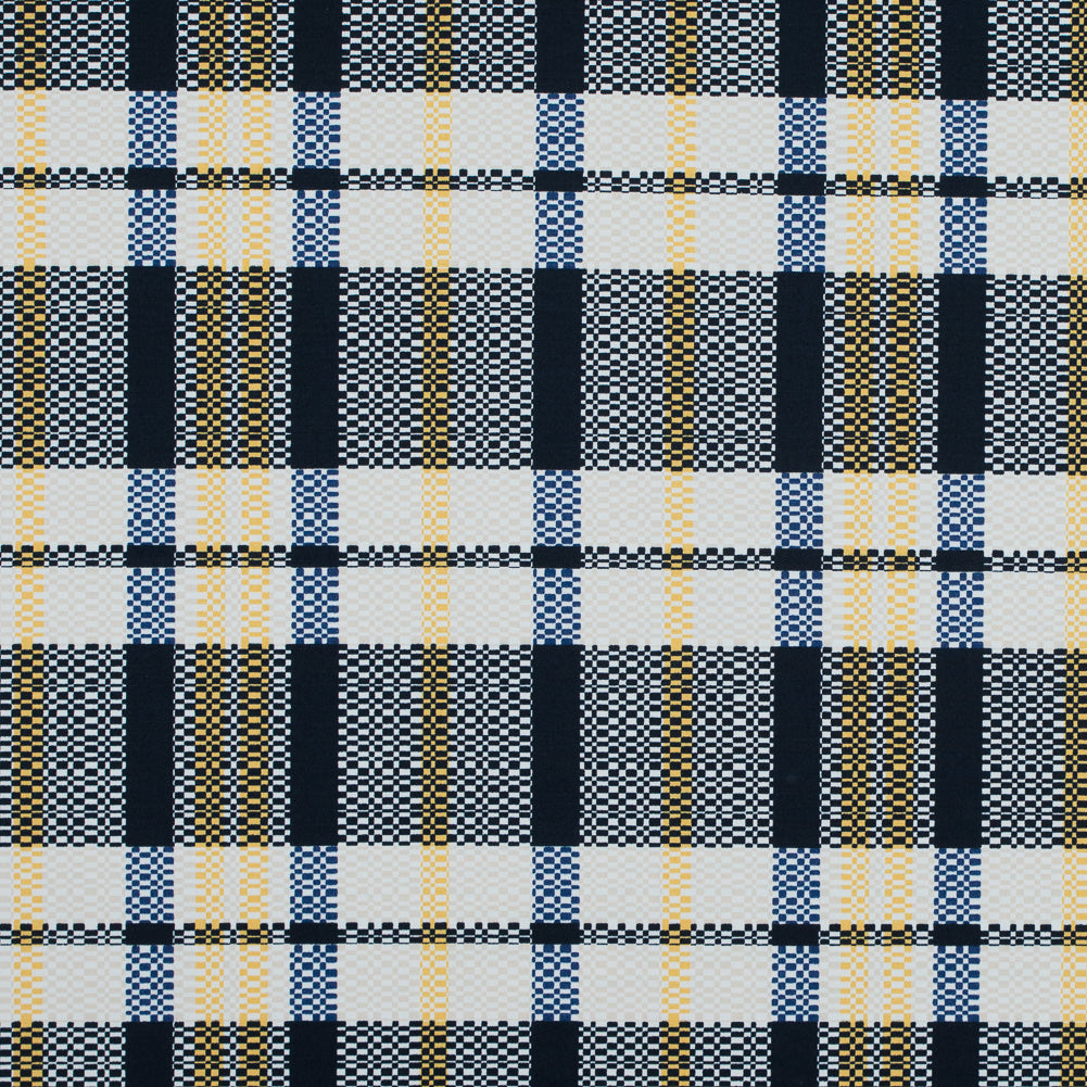 Dark Navy, Daffodil and White Swan Plaid Stretch Cotton Twill Dark Navy, Daffodil and White Swan Plaid Stretch Cotton Twill