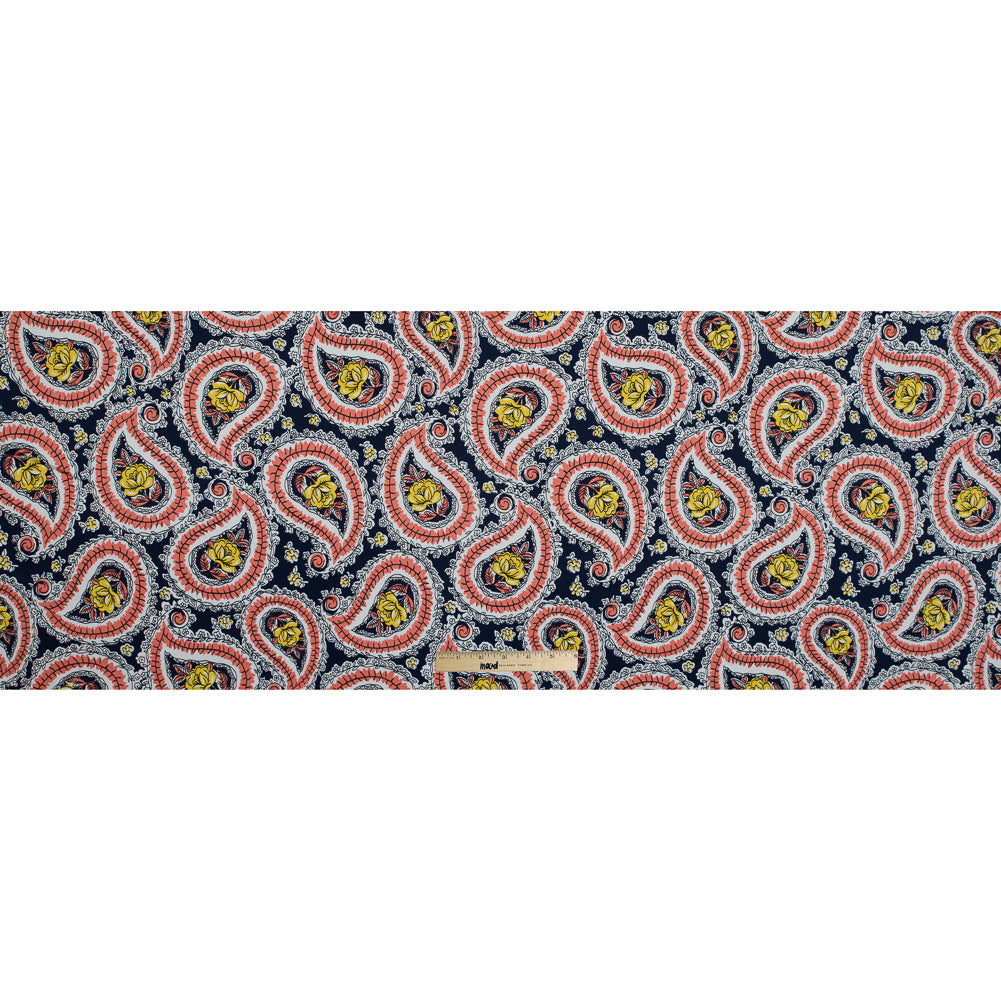 Black Iris, Melon and Cyber Yellow Paisley Stretch Cotton Sateen Folded Black Iris, Melon and Cyber Yellow Paisley Stretch Cotton Sateen Folded