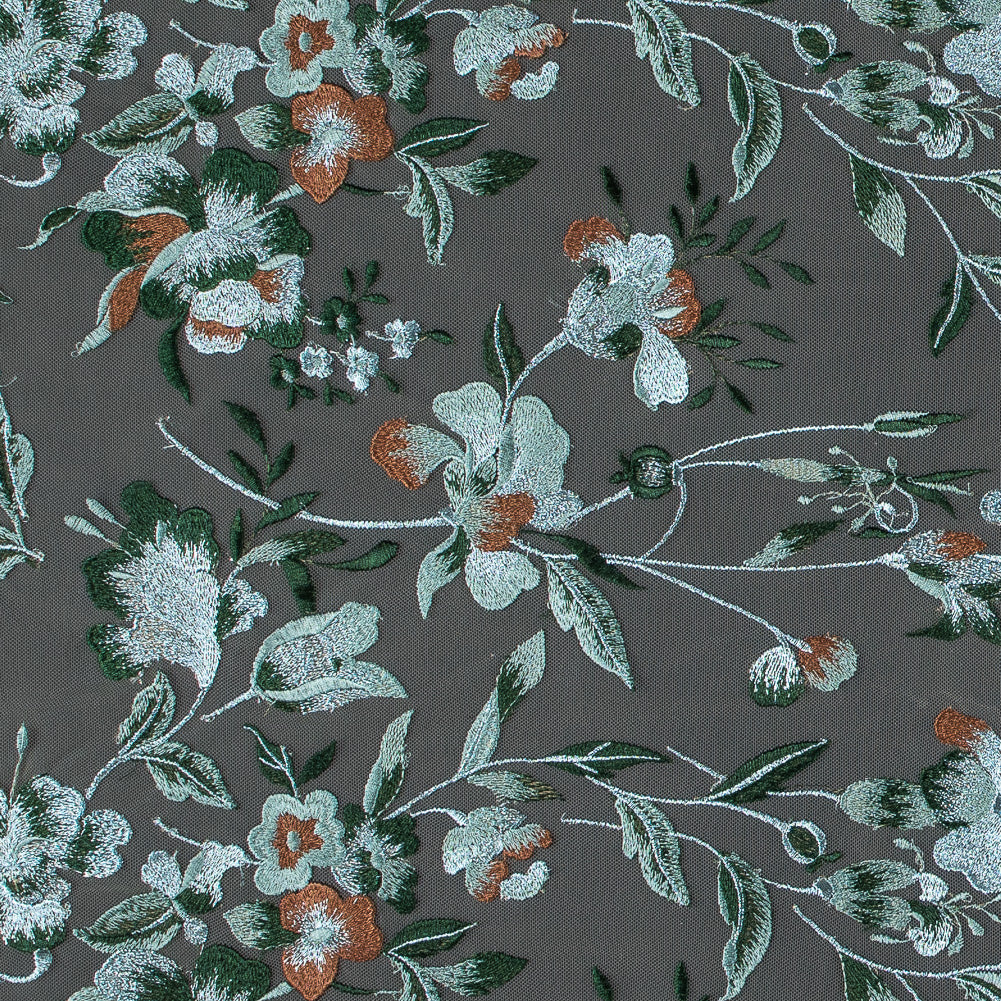 Metallic Whispering Blue, Greener Pastures and Sierra Floral Embroidered Lace on a Nude Netting Metallic Whispering Blue, Greener Pastures and Sierra Floral Embroidered Lace on a Nude Netting