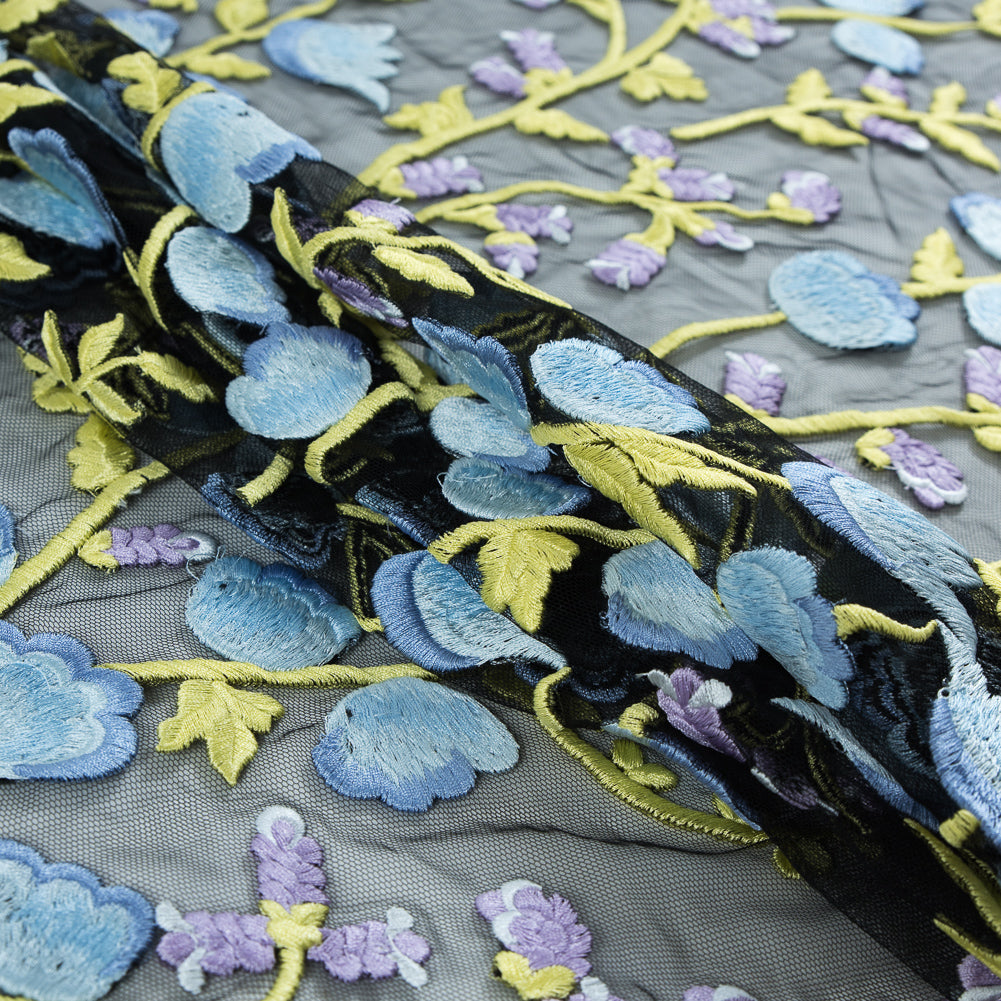 Sunny Lime, Orchid Bloom and Blue Bell Floral Embroidered Lace on Black Tulle - Detail Sunny Lime, Orchid Bloom and Blue Bell Floral Embroidered Lace on Black Tulle - Detail