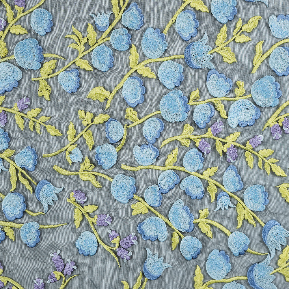 Sunny Lime, Orchid Bloom and Blue Bell Floral Embroidered Lace on Black Tulle Sunny Lime, Orchid Bloom and Blue Bell Floral Embroidered Lace on Black Tulle