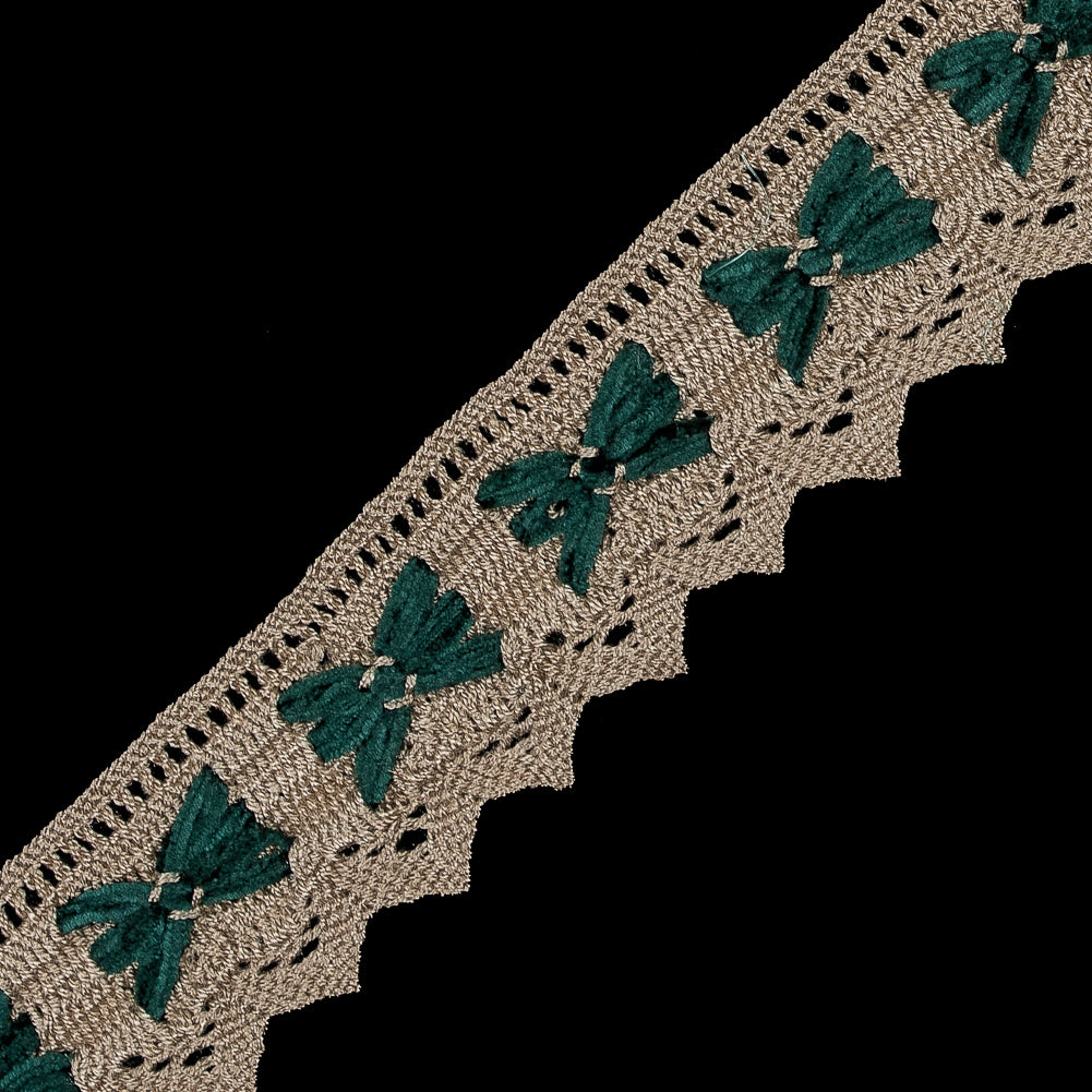 Beige Crochet Trim with Green Chenille Inserts - 1.5 - Detail Beige Crochet Trim with Green Chenille Inserts - 1.5 - Detail