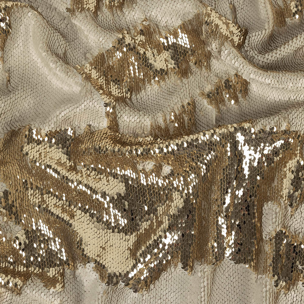 Two-Tone Spumante and Ivory Paillette Sequins on Tofu Rayon Stretch Jersey Backing Two-Tone Spumante and Ivory Paillette Sequins on Tofu Rayon Stretch Jersey Backing