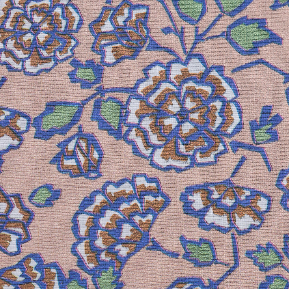 European Beige and Dusted Peri Floral Cotton Poplin - Detail European Beige and Dusted Peri Floral Cotton Poplin - Detail