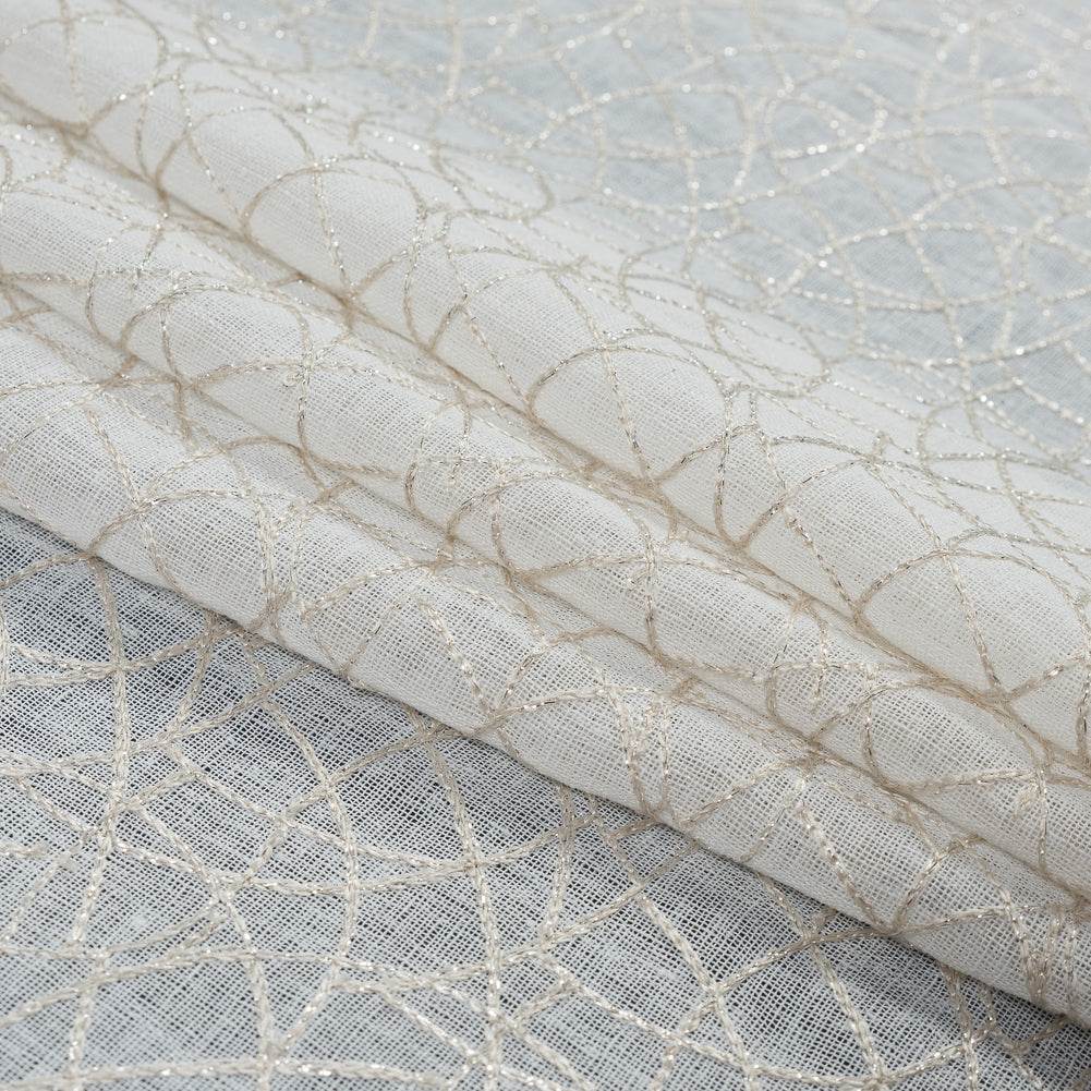 Beige and Metallic Silver Embroidered Drapery Sheer Folded Beige and Metallic Silver Embroidered Drapery Sheer Folded