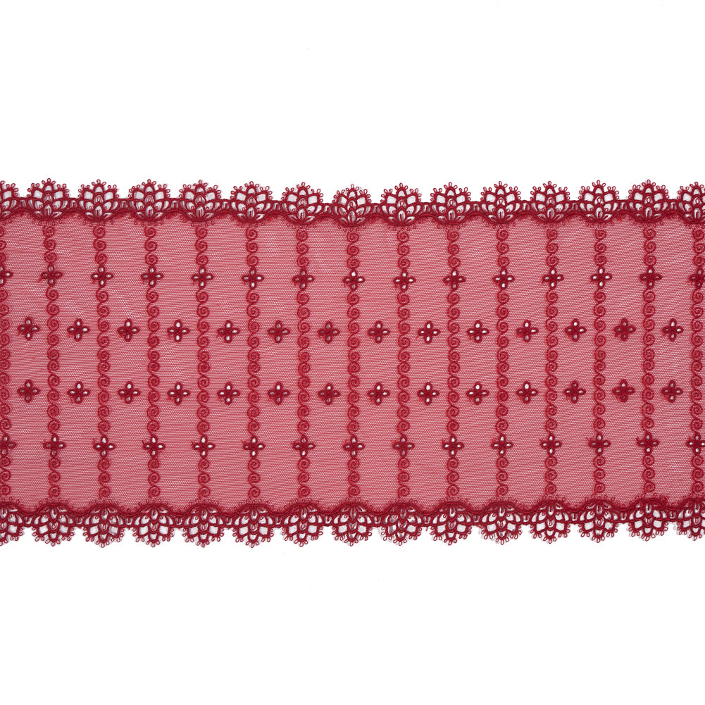 Red Embroidered and Eyelet Mesh with Finished Edges - 7.75 Red Embroidered and Eyelet Mesh with Finished Edges - 7.75