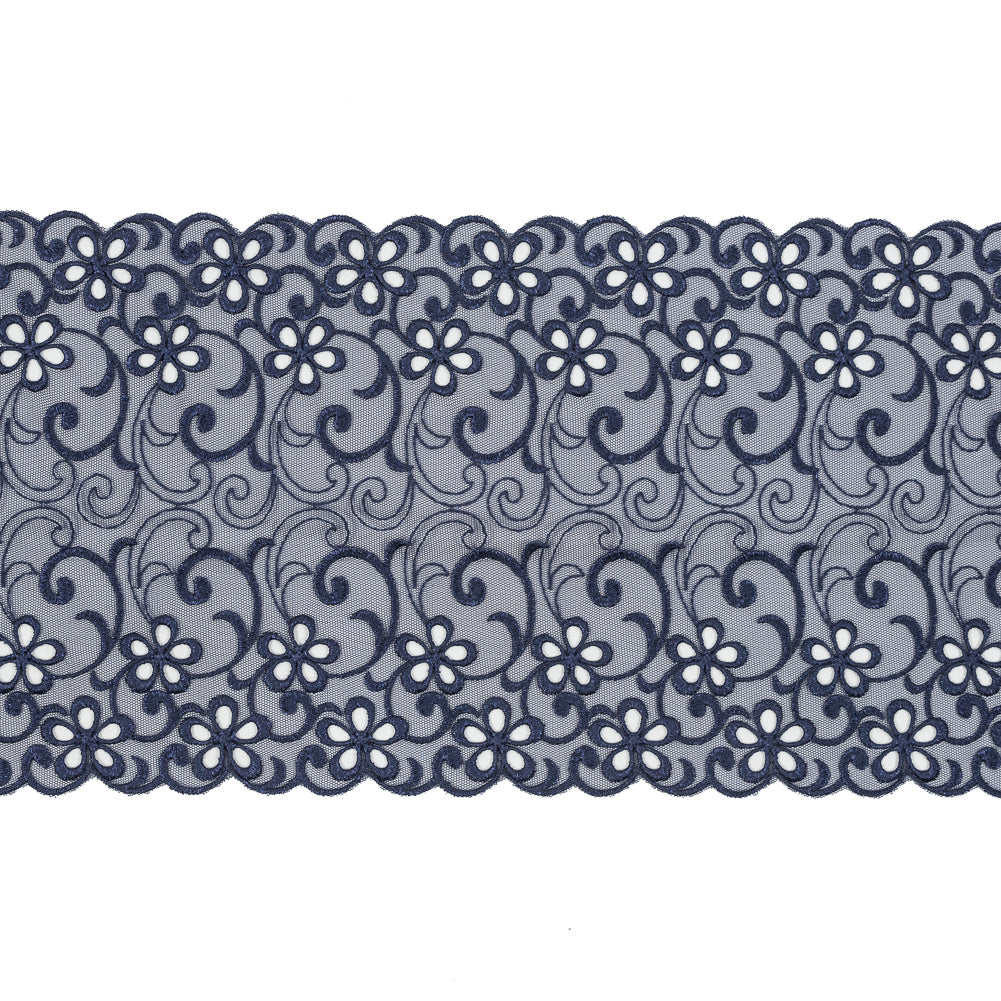Maritime Blue Floral Embroidered Mesh - 8" Maritime Blue Floral Embroidered Mesh - 8"