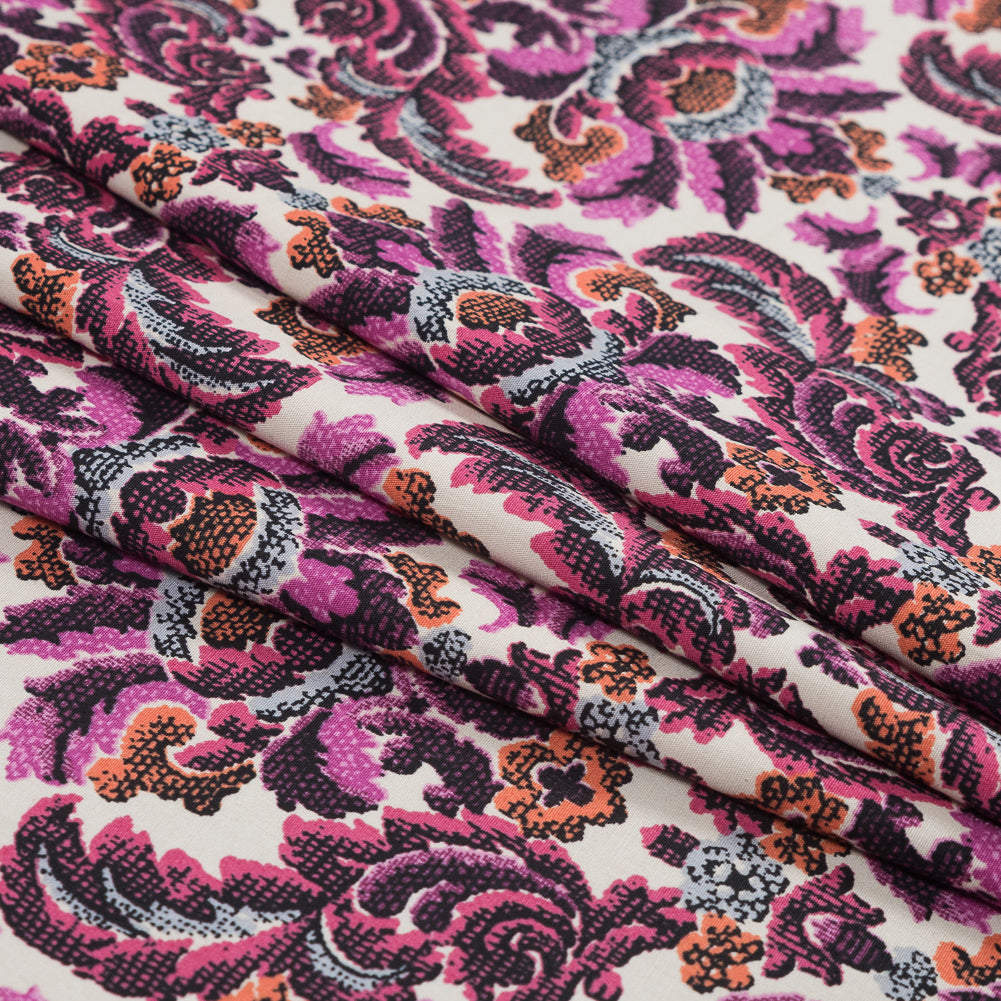 Magenta Haze, Orange and Gray Damask Stretch Cotton Poplin Detail Magenta Haze, Orange and Gray Damask Stretch Cotton Poplin Detail