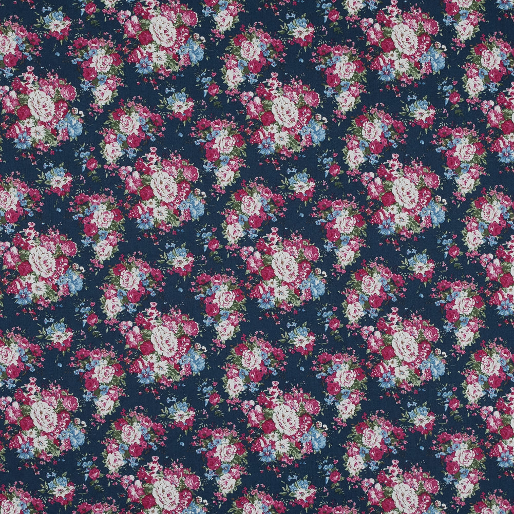 Wild Rose Pink and Insignia Blue Floral Cotton Twill Wild Rose Pink and Insignia Blue Floral Cotton Twill