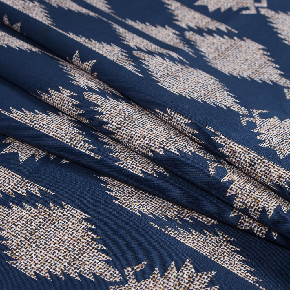 Blue and Beige Geometric Stretch Cotton Twill - Detail Blue and Beige Geometric Stretch Cotton Twill - Detail