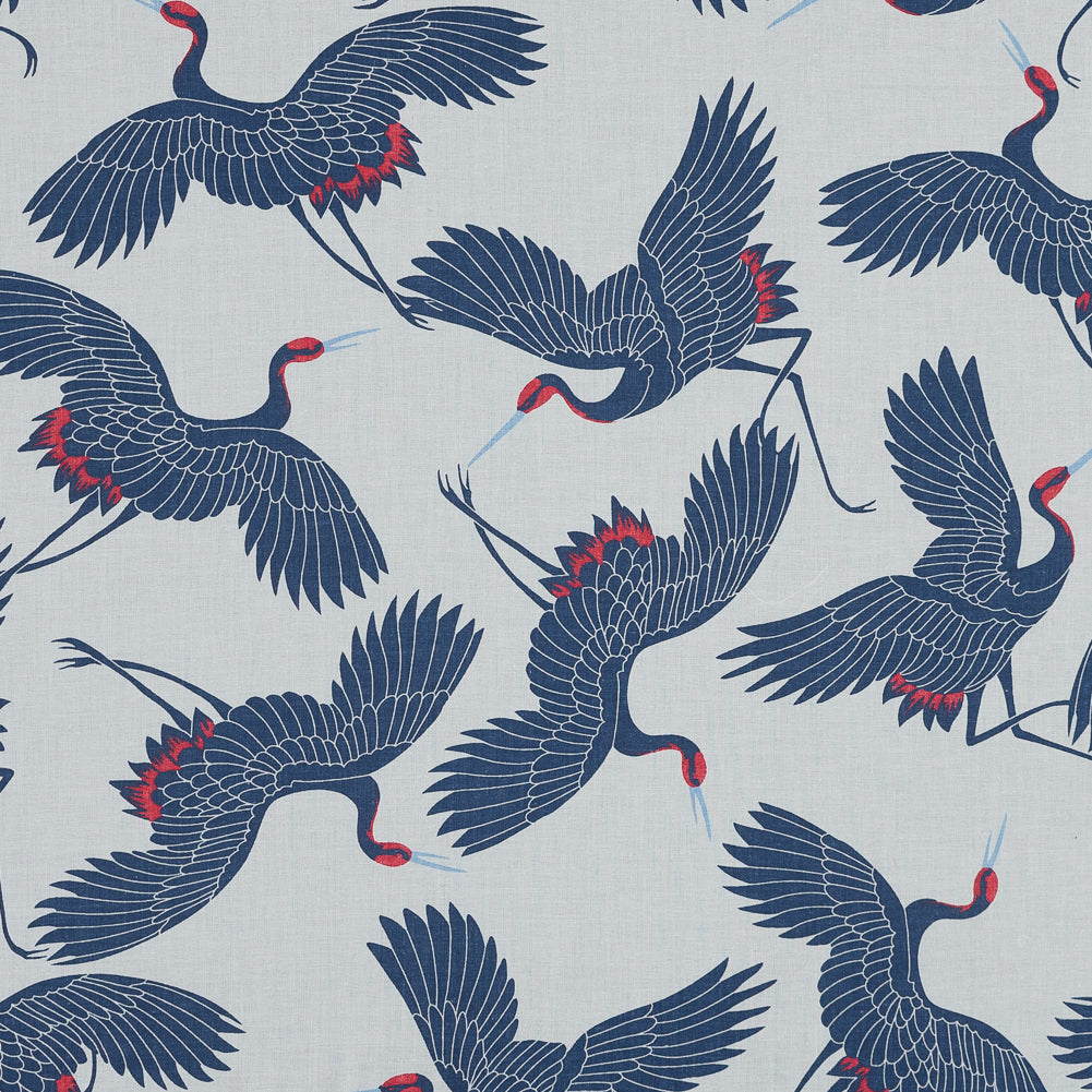 Navy, Red and White Crane Printed Cotton Voile Navy, Red and White Crane Printed Cotton Voile
