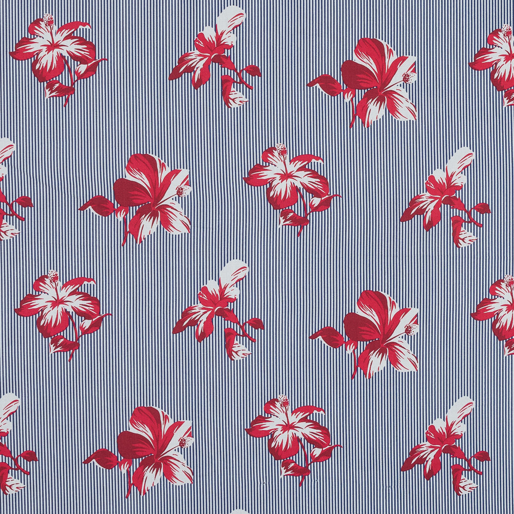 Red and Blue Floral Striped Cotton Poplin Red and Blue Floral Striped Cotton Poplin