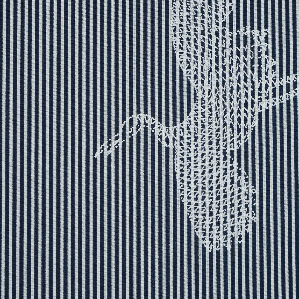 Navy and White Striped Cotton Poplin with Cranes Full Navy and White Striped Cotton Poplin with Cranes Full