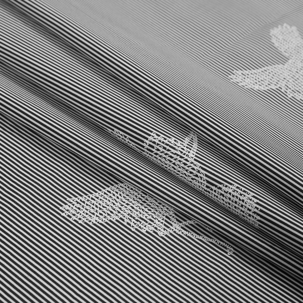 Black and White Striped Cotton Poplin with Cranes Detail Black and White Striped Cotton Poplin with Cranes Detail