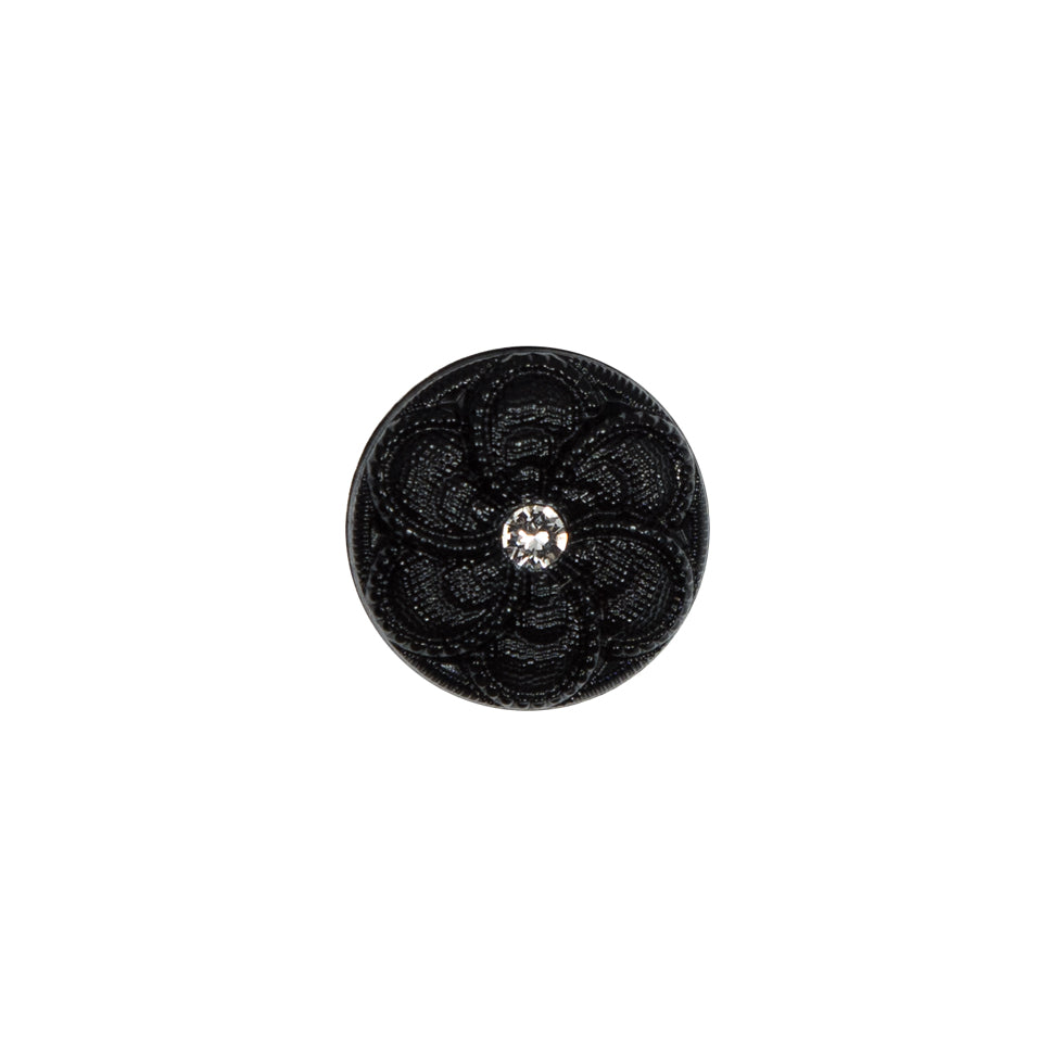 Italian Black Floral Nylon Button with Rhinestone Core - 20L/12mm Italian Black Floral Nylon Button with Rhinestone Core - 20L/12mm