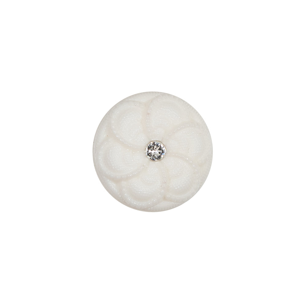 Italian Ivory Floral Nylon Button with Rhinestone Core - 24L/15mm Italian Ivory Floral Nylon Button with Rhinestone Core - 24L/15mm