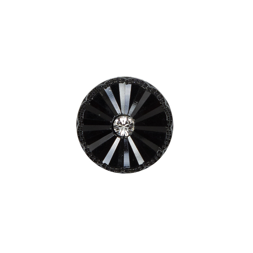 Italian Black Floral Nylon Button with Rhinestone Center - 24L/15mm Italian Black Floral Nylon Button with Rhinestone Center - 24L/15mm