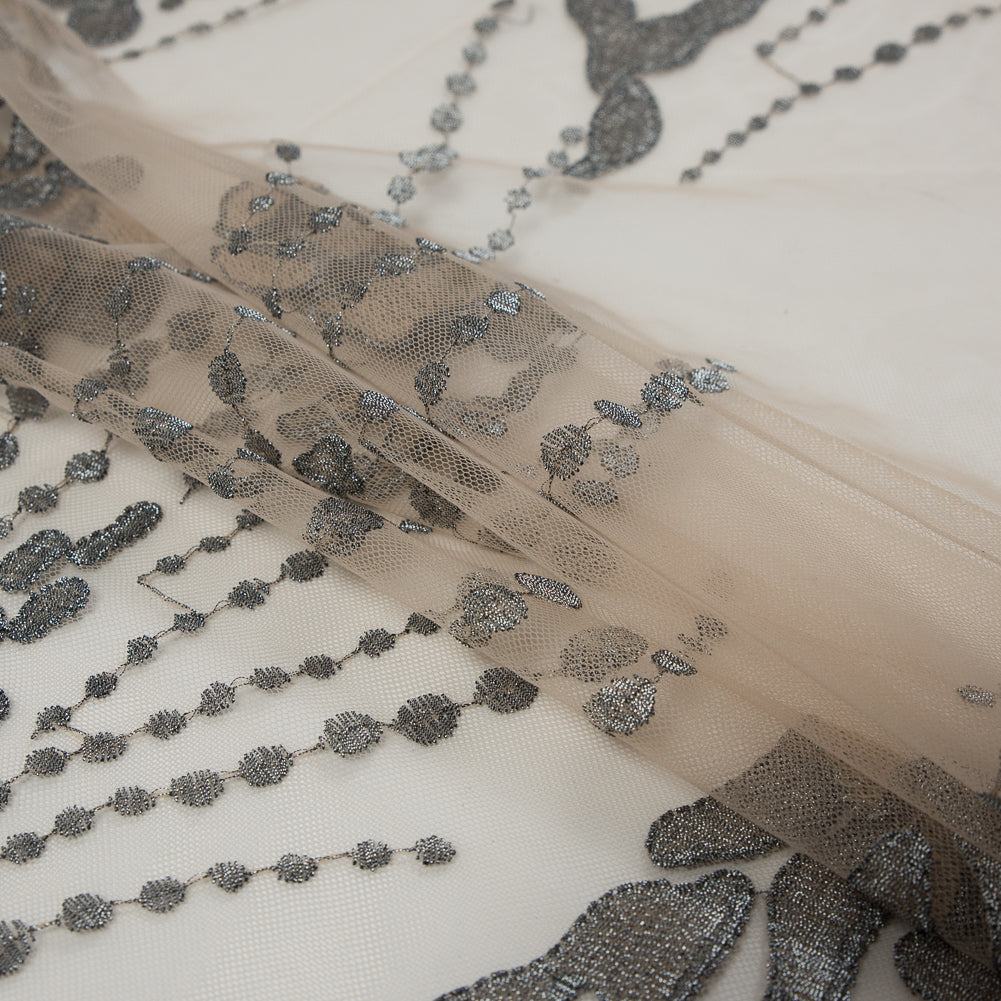 Metallic Silver and Beige Abstract Embroidery on Beige Mesh - Folded Metallic Silver and Beige Abstract Embroidery on Beige Mesh - Folded