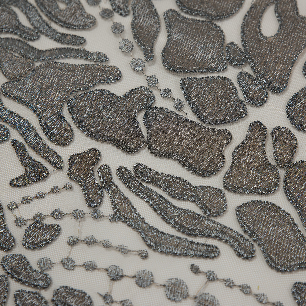 Metallic Silver and Beige Abstract Embroidery on Beige Mesh - Detail Metallic Silver and Beige Abstract Embroidery on Beige Mesh - Detail