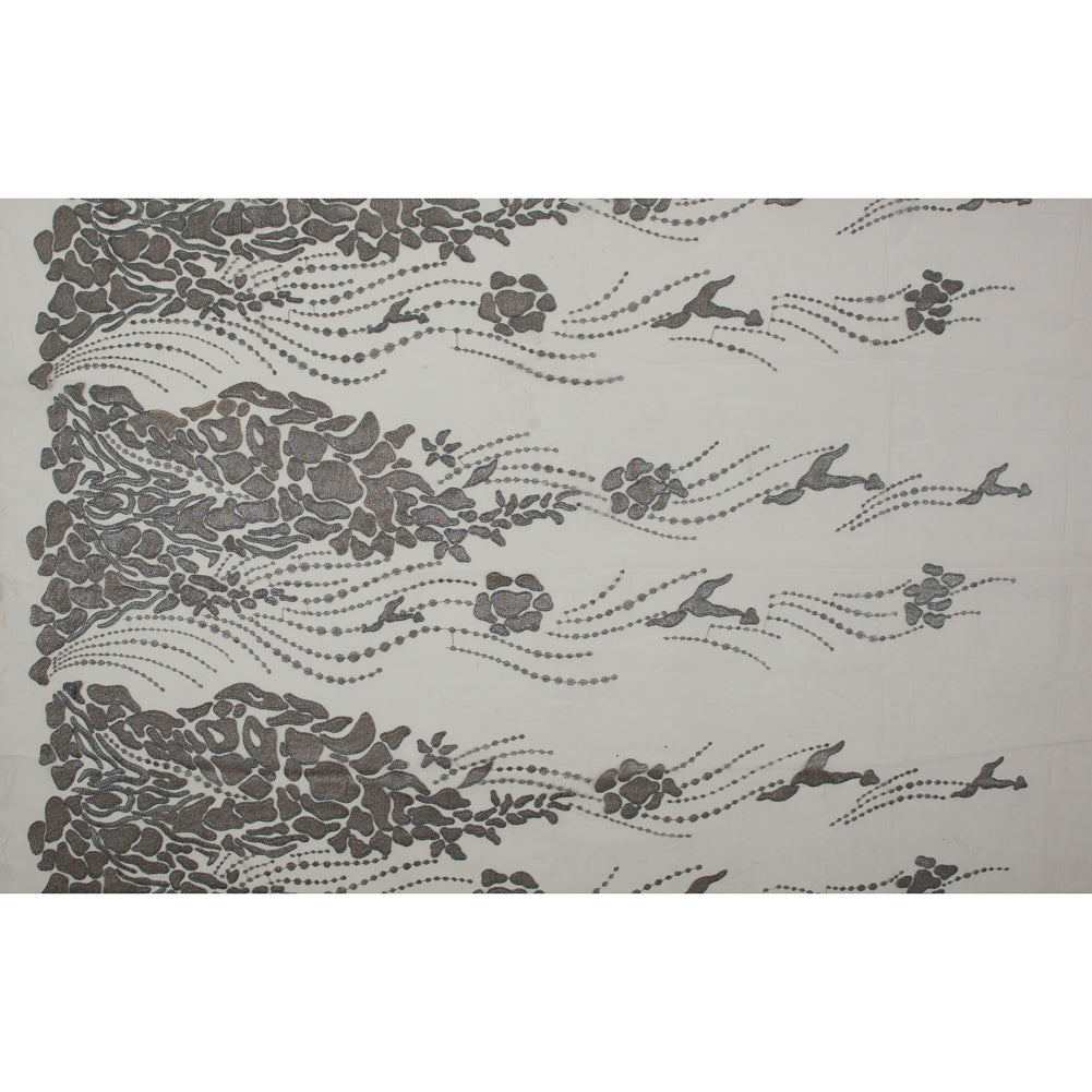 Metallic Silver and Beige Abstract Embroidery on Beige Mesh - Full Metallic Silver and Beige Abstract Embroidery on Beige Mesh - Full