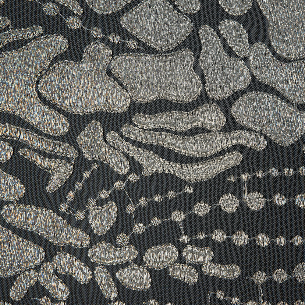 Metallic Pale Gold and Off-White Abstract Embroidery on Pink Mesh - Full Metallic Pale Gold and Off-White Abstract Embroidery on Pink Mesh - Full