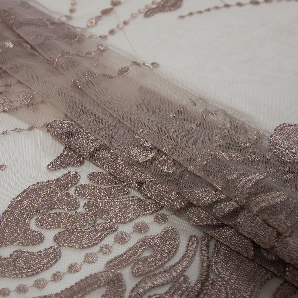Metallic Mauve Abstract Embroidery on Pink Mesh Folded Metallic Mauve Abstract Embroidery on Pink Mesh Folded