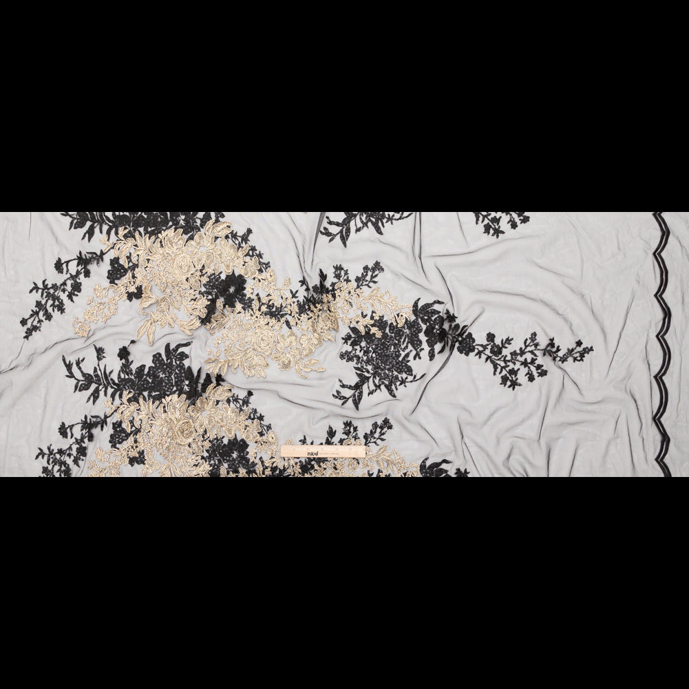 Fancy Black and Metallic Gold Floral Corded and Embroidered Lace with Single Scalloped Edge - Folded Fancy Black and Metallic Gold Floral Corded and Embroidered Lace with Single Scalloped Edge - Folded