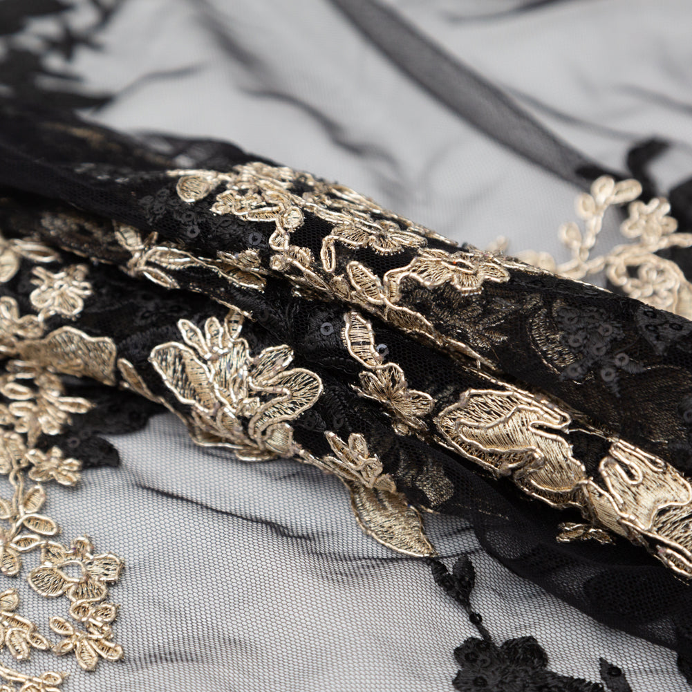 Fancy Black and Metallic Gold Floral Corded and Embroidered Lace with Single Scalloped Edge - Detail Fancy Black and Metallic Gold Floral Corded and Embroidered Lace with Single Scalloped Edge - Detail