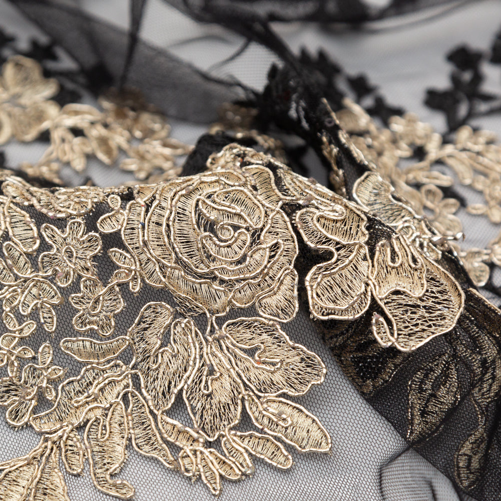 Fancy Black and Metallic Gold Floral Corded and Embroidered Lace with Single Scalloped Edge - Full Fancy Black and Metallic Gold Floral Corded and Embroidered Lace with Single Scalloped Edge - Full