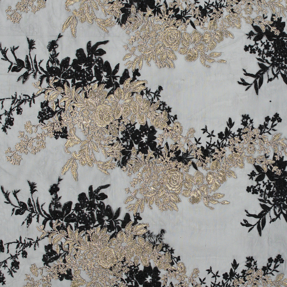 Fancy Black and Metallic Gold Floral Corded and Embroidered Lace with Single Scalloped Edge Fancy Black and Metallic Gold Floral Corded and Embroidered Lace with Single Scalloped Edge